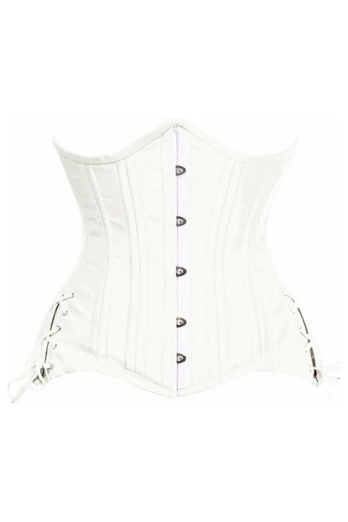 Top Drawer White Satin Double Steel Boned Curvy Cut Waist Cincher Corset w/Lace - Up Sides - Daisy Corsets