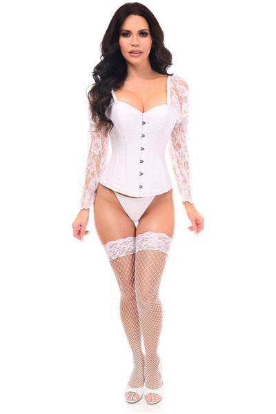 Top Drawer White w/White Lace Steel Boned Long Sleeve Corset - Daisy Corsets