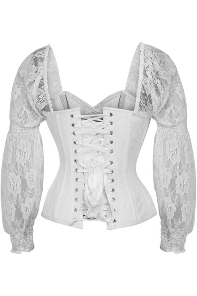 Top Drawer White w/White Lace Steel Boned Long Sleeve Corset - Daisy Corsets