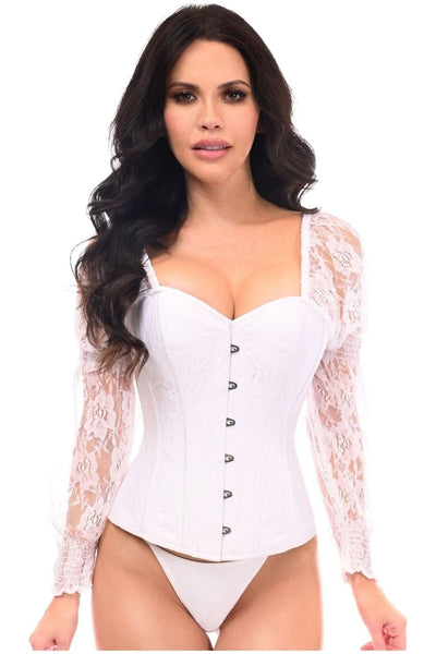 Top Drawer White w/White Lace Steel Boned Long Sleeve Corset - Daisy Corsets
