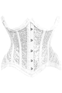 Top Drawer White/Silver Satin & Sequin Underwire Curvy Cut Steel Boned Waist Cincher Corset - Daisy Corsets