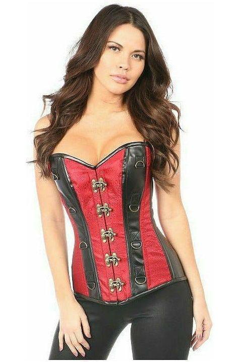Top Drawer Wine Brocade & Faux Leather Steel Boned Corset - Daisy Corsets