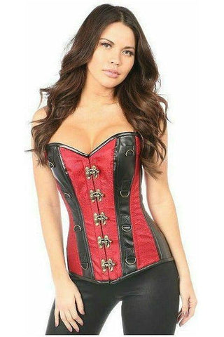 Top Drawer Wine Brocade & Faux Leather Steel Boned Corset - Daisy Corsets