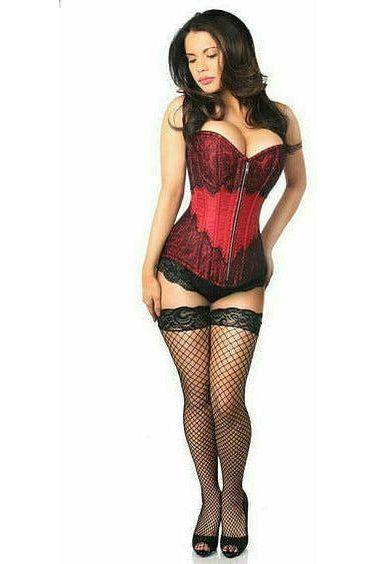 Top Drawer Wine Brocade Steel Boned Corset w/Black Eyelash Lace - Daisy Corsets