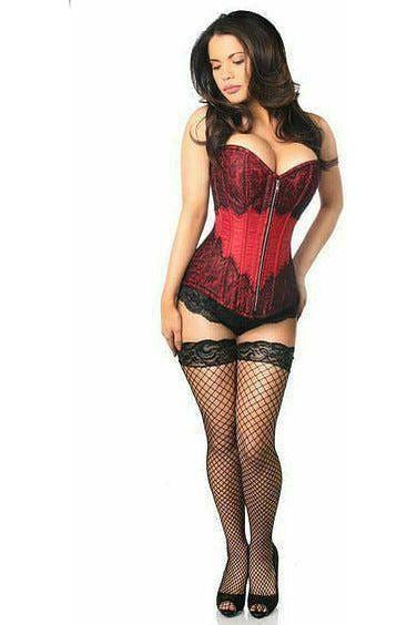 Top Drawer Wine Brocade Steel Boned Corset w/Black Eyelash Lace - Daisy Corsets