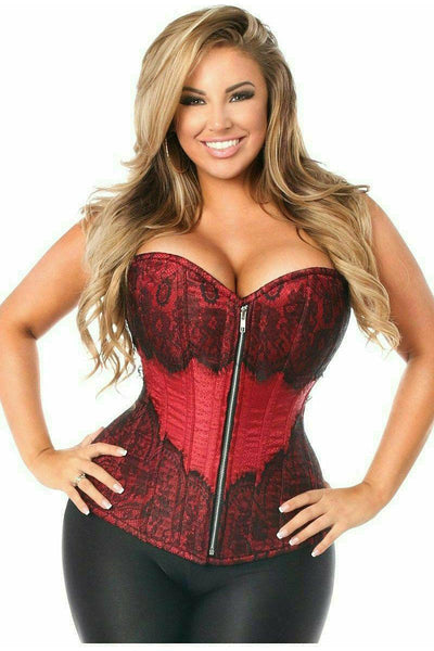 Top Drawer Wine Brocade Steel Boned Corset w/Black Eyelash Lace - Daisy Corsets