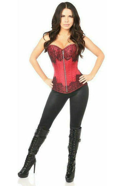 Top Drawer Wine Brocade Steel Boned Corset w/Black Eyelash Lace - Daisy Corsets