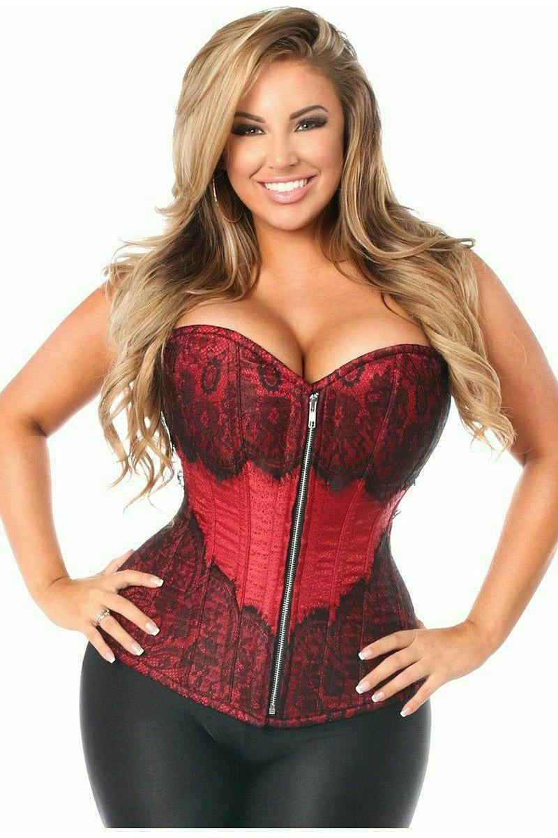 Top Drawer Wine Brocade Steel Boned Corset w/Black Eyelash Lace - Daisy Corsets