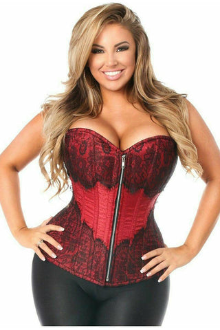 Top Drawer Wine Brocade Steel Boned Corset w/Black Eyelash Lace - Daisy Corsets