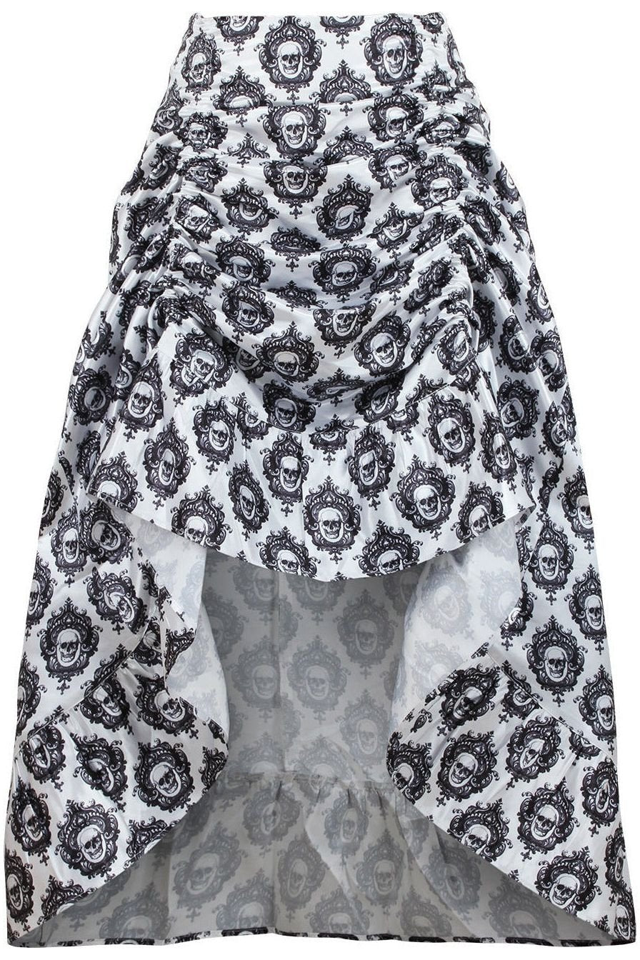 White & Black Skull Satin Adjustable High Low Skirt - Daisy Corsets