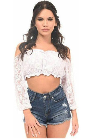 White Lined Lace Long Sleeve Peasant Top - Daisy Corsets