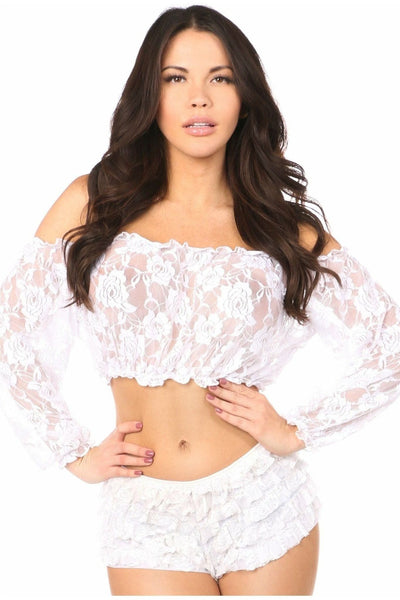 White Sheer Lace Long Sleeve Peasant Top - Daisy Corsets